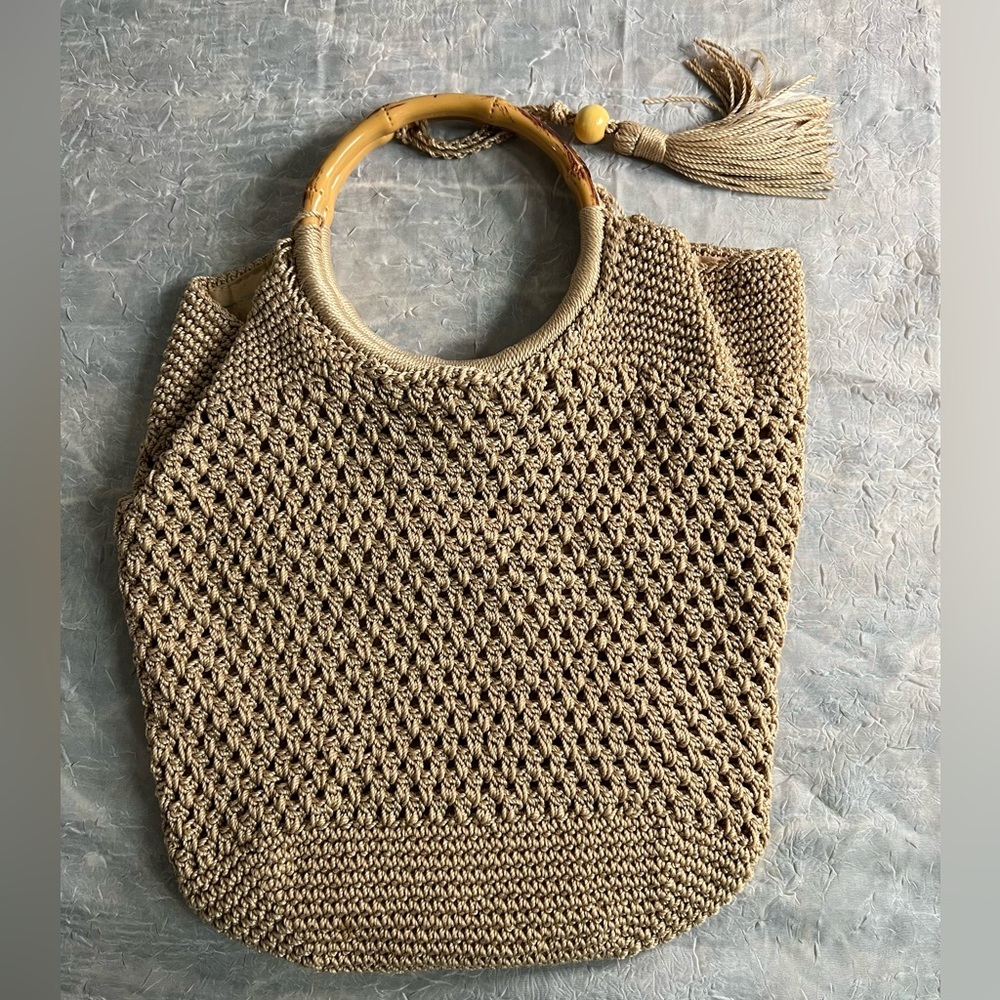 Handwoven Tan Crochet Tote with Bamboo Ring Handles